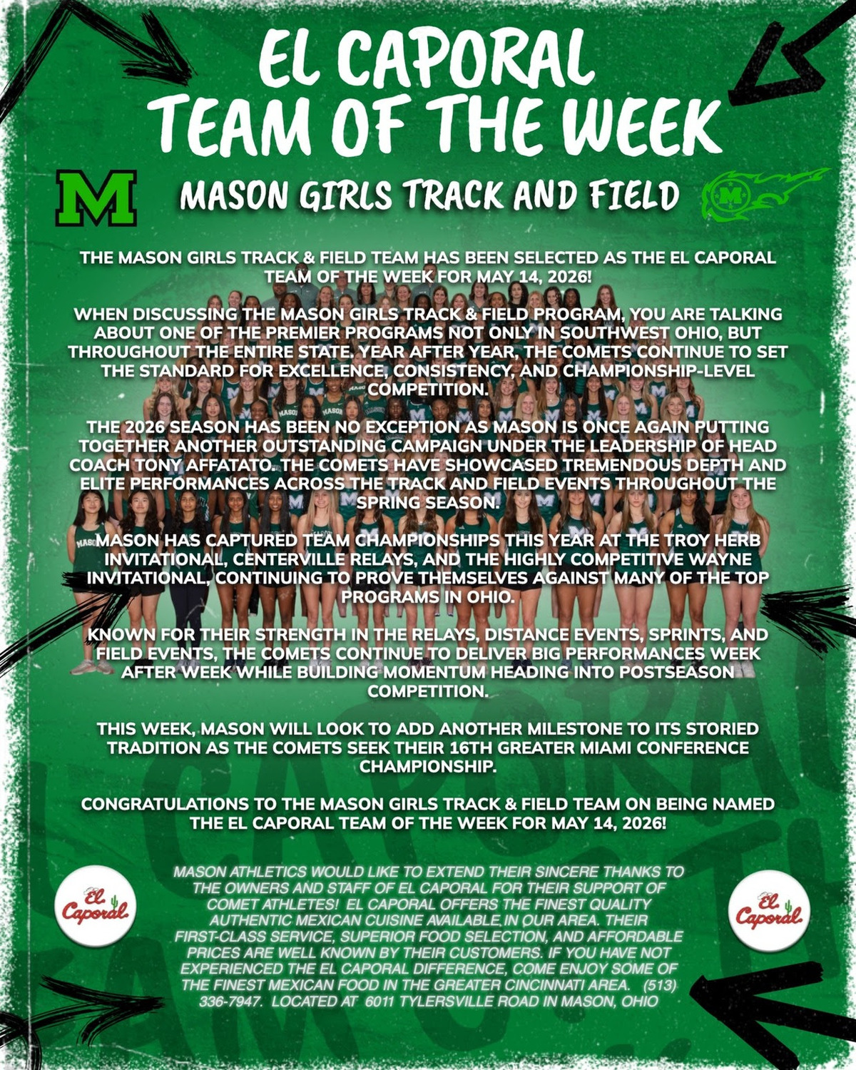 The Girls Track and Field Team has been honored as this week’s El Caporal Team of the Week!